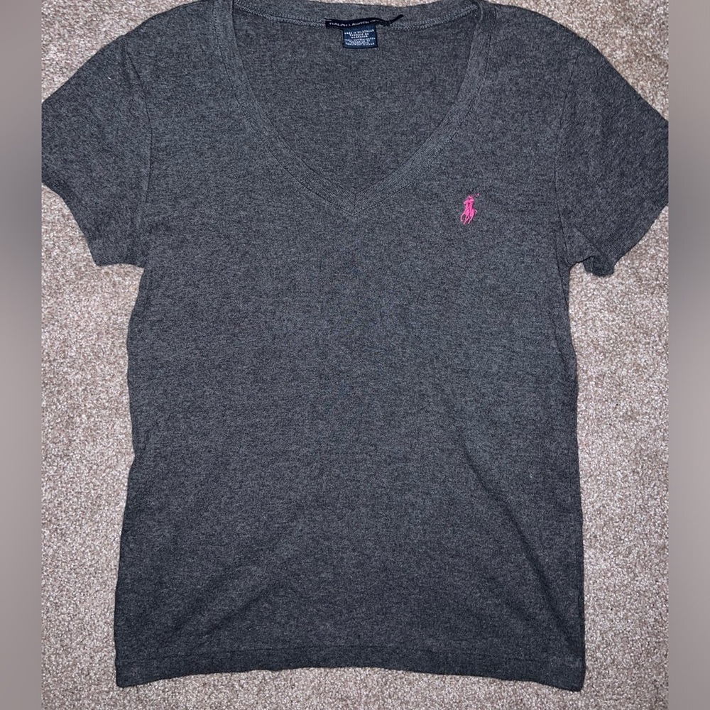 Ralph Lauren Sport Gray Knit Pink Pony Crew Neck T Shirt Short Sleeve Large L